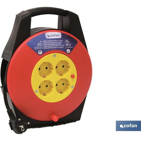 COFAN enrollacables cable 4t. 20 m. (3 x 1,5mm) , Enrollacables eléctrico con cuatro tomas o enchufes y 20 metros de longitud. Enrollacables provisto de conmutador de seguridad por