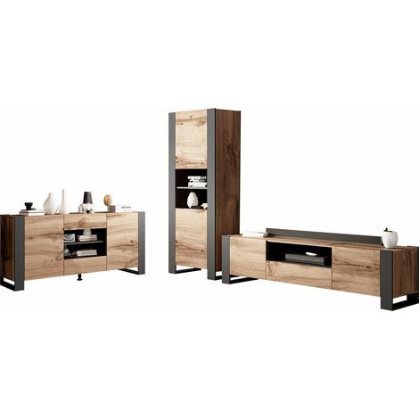 Mirjan24 – Ensemble de salon 3 pièces anthracite et chêne wotan – Dimensions étagère 171x65x40cm – Compatible robots aspirateurs (1/5)