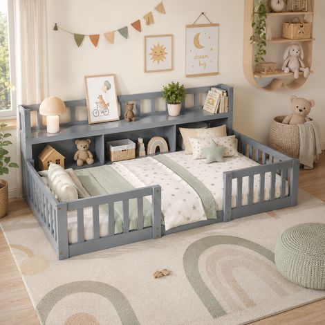 Lit Enfant 90x200 cm avec Bibliothèque, Lit au Sol avec Barrière de Sécurité et Sommier à Lattes, Cadre de Lits Montessori au Sol en Bois Massif Pin, Lit Sol Enfant pour Bébés, Gris (1/5)