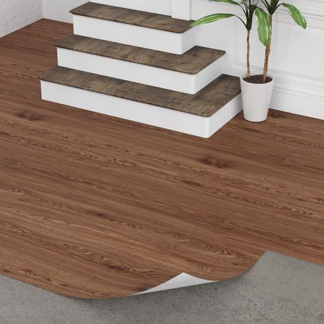 Revêtement de sol en PVC autocollant 3 m², carrelage en vinyle aspect bois pour porte d’entrée, salon, cuisine, balcon, pièce de rangement, vinyle à découper sur mesure, 0,6 x 5 m, noix (1/5)