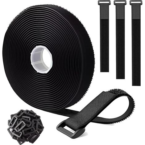 Bande Scratch avec 50 Boucles – Attaches Câbles Réutilisables  Ruban Auto-agrippant Coupable sur Mesure pour Trier Fils, Gaines et Tuyaux, Noir (2 cm x 10 m) (1/5)