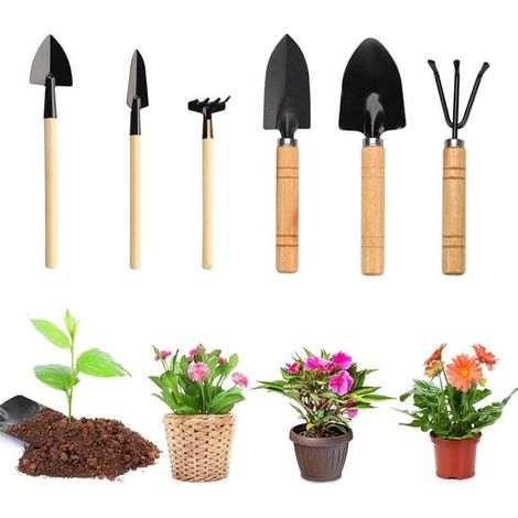 Juego completo de 6 piezas para jardinería: herramientas manuales para el cuidado de plantas, jardinería y bonsáis con mangos de madera (1/5)