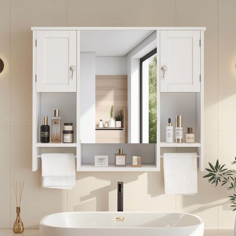 Armoire Murale de Salle de Bain, Armoire à Pharmacie avec Miroir, Étagères Réglables, Compartiments Ouverts, 2 Porte-Serviettes, Meuble de Rangement, 89×18×73,5 cm, Blanc (1/5)