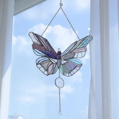 BEBUSINGOTO Attrape-soleil en vitrail papillon/décoration de cour de maison, ornement extérieur de couleur, décoration d'ombre de couleur papillon (1/5)