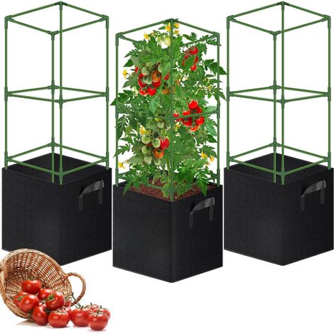Tomato Stakes with Grow Bags 57L, Set of 3 120cm Square Steel Cages, Adjustable Supports for Climbing Plants, Balcony, Garden and Greenhouse (1/5)