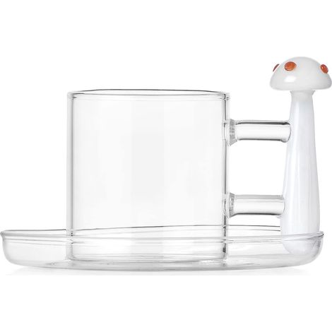 Tasse à café avec soucoupe, champignon blanc - Points rouges, 10 cl, collection Alice, verre borosilicaté, fait à la main