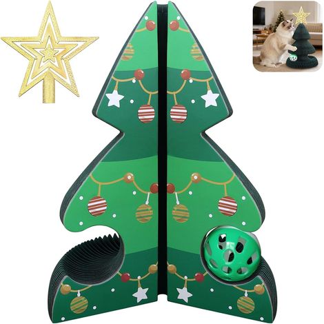Griffoir Chat Vertical Forme Sapin de Noël, Magic Organ Pliable en Carton Ondulé, Planche à Gratter Interactive avec Balle Clochette, Structure Nid d'abeille Résistant (1/5)