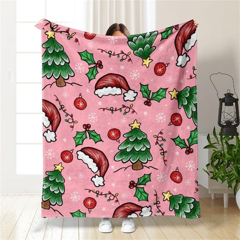 Kuschelige Weihnachtsdecke mit Weihnachtsmützenmotiv, warmer und weicher Flanell, Maße 150 x 200 cm, rosa