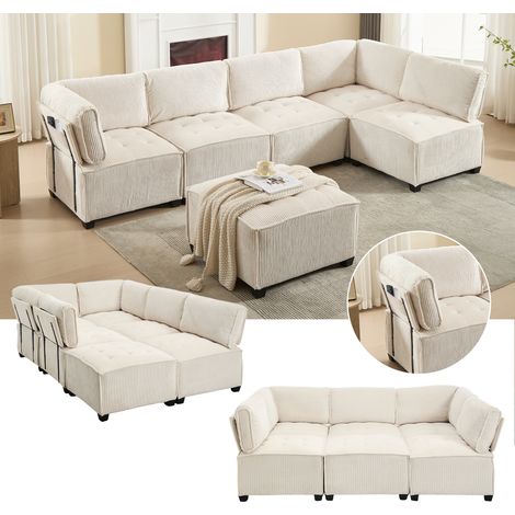 Modulares Sofa 6 Plätze aus Cord-Samt mit Armlehne, Ergonomische Rückenlehne und Seitentaschen, Beige