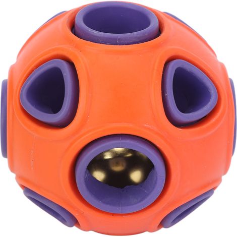 Bissfester, strapazierfähiger Gummiball, interaktiver Hundespielzeugball mit Futterspender und Glocke, für Hunde und Katzen, orange und lila. (1/5)
