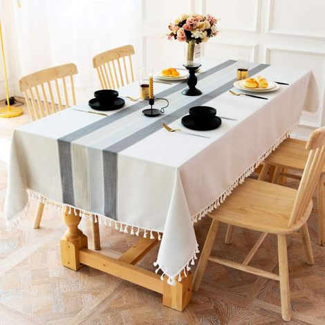 Fleckabweisende Tischdecke Baumwolle Leinen 140x220 cm mit Stickerei und Quasten