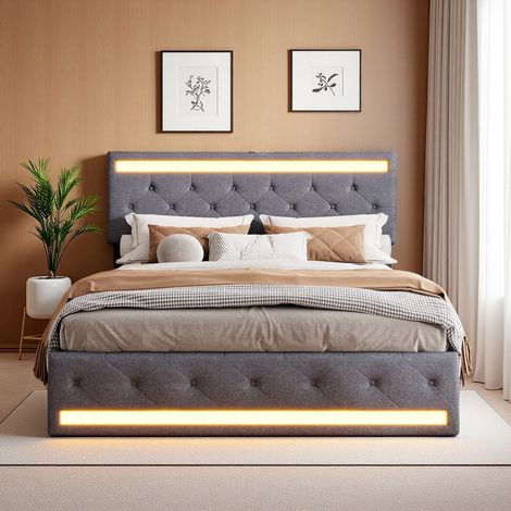 Lit avec Tiroirs Intégrés 160x200 cm avec LED et Ports USB,Lit avec Rangement et Sommier à Lattes, Lit Adulte 160x200 cm avec tête de Lit Réglable en Hauteur, Lin Gris Foncé (1/5)