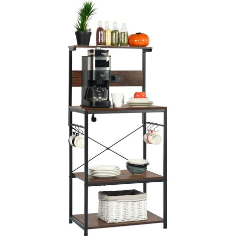 FurnitureR Étagère de cuisine avec multiprise, armoire de rangement à 3 niveaux, support pour four à micro-ondes, étagère verticale pour salle à manger avec 2 prises et 6 crochets en S, structure méta (1/5)