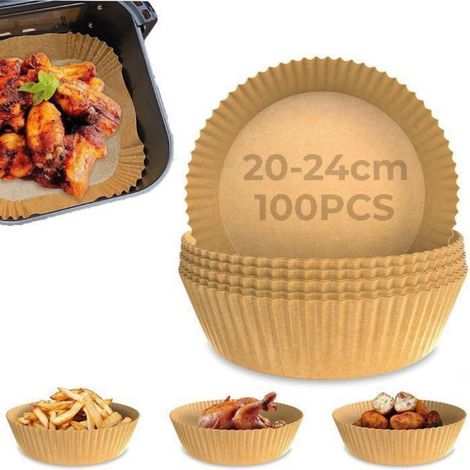 Papier Cuisson Air Fryer - Rond 20 cm - Résistant à la Chaleur Jusqu'à 220 °C - Antiadhésif et Imperméable - Pour Friteuse à Air 5 à 8 L - 100 Pièces (1/5)