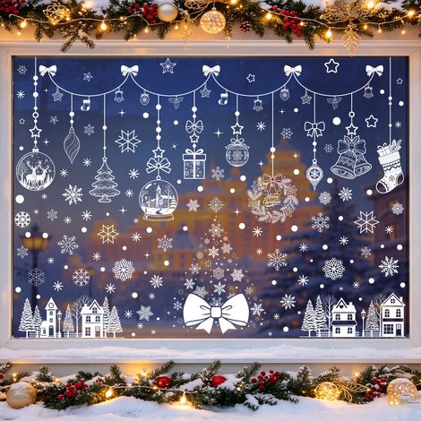 Autocollants de Noël, autocollants du Nouvel An russe, silhouettes de villes blanches, scènes d'hiver enneigées, autocollants de flocons de neige pour fenêtres.