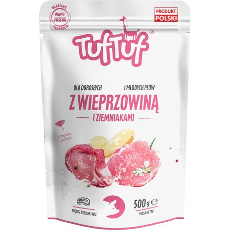 Comida húmeda para perros TufTuf, cerdo con patata, bolsa de 500 g, carne en conserva.
