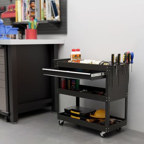 Chariot d'atelier servante atelier à 3 niveaux avec tiroir noir porte-outils latéral et poignée 82x35x76 cm aménagement intérieur