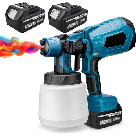 Pulvérisateur De Peinture sans Fil, Pistolet à Peinture en Pulvérisation électrique avec Conteneur De 1000 ML Et 2 Batterie, Pistolet à Peinture Portable pour Murs Plafonds, Clôture, Bois Blue (1/5)