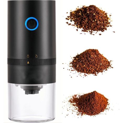 Macinacaffè elettrico portatile per 4 tazze di espresso. Macina caffè in polvere con grana grossa, medio-fine ed extra-fine. Ricaricabile tramite USB. Colore nero. (1/5)