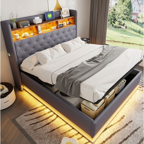 Letto contenitore 160x200 LED USB grigio OKMYHOME (1/5)