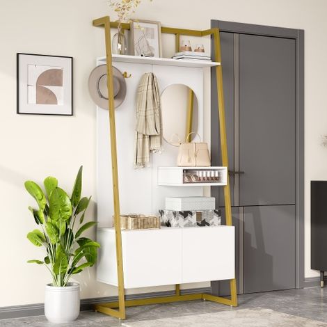 Vestiaire d'entrée blanc - avec miroir et crochets métalliques - porte-manteau avec banc à chaussures - 78x39x181 cm (1/5)
