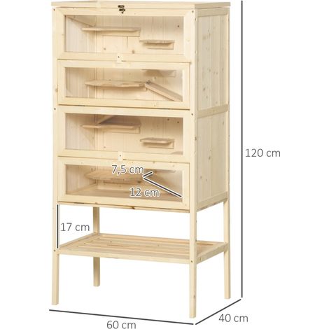 Villa à hamster 5 étages bois naturel 60x40x120cm toit grillagé rampes, grande cage spacieuse pour hamsters syriens et nains chez vous (1/5)