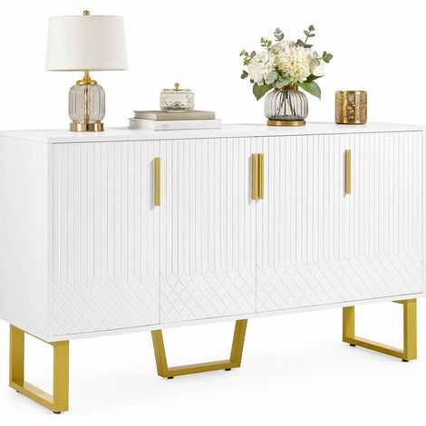 Buffet blanc brillant 4 portes, motif géométrique 3D, poignées et pieds en métal, grand rangement 140 x 40 x 80 cm, meuble moderne de salon  CHICFURN (1/5)