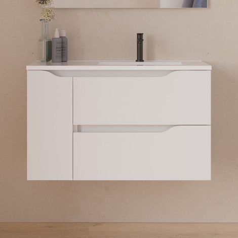Meuble sous vasque seul, 2 tiroirs et 1 porte, 80cm, pour vasque déportée droite - blanc mat - ZARZA