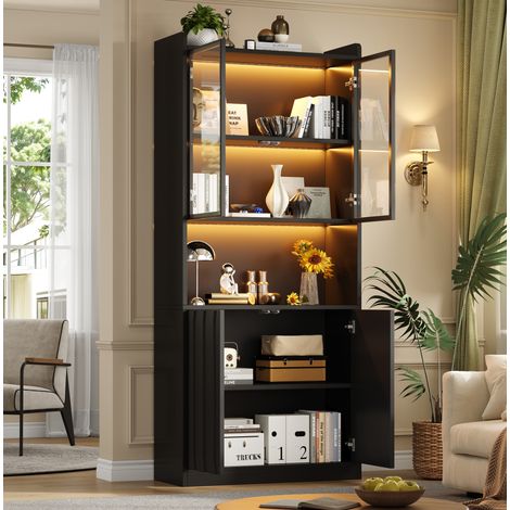 Vitrine haute LED 80 x 35 x 200 cm avec portes en verre trempé, noire DESVIAE (1/5)