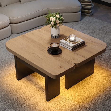 Mesa de centro con LED - Modulable 2 en 1 - 90 x 60 x 44,5 cm - 2 cajones - Diseño moderno - Efecto roble natural y negro (1/5)