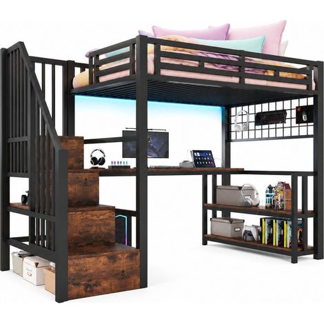 Letto a soppalco 90x200 cm con scrivania, scaffale, griglia appendiabiti, LED, prese USB e Type-C, struttura in metallo e MDF nero, senza materasso  CHICFURN (1/5)