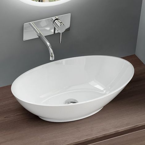Mai & Mai Lavabo da Appoggio 62.5x34.5x17.5cm, Lavandino Bagno Ovale Colossum807 Lavabo da Marmo Fuso Biano (1/5)