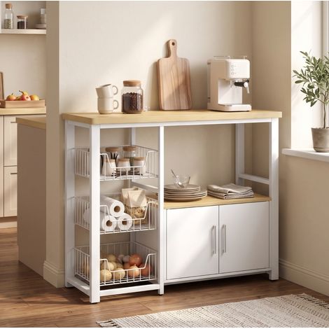 MODFU – Estantería de cocina 100x35x80 cm con 3 cestas, armario, hueco para microondas, MDF y patas regulables – Roble (1/5)