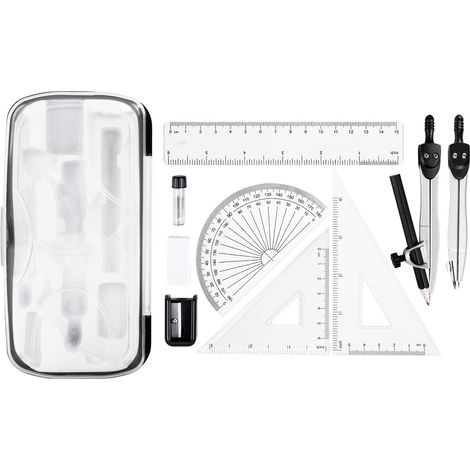 Kit pour mathématiques 10 pièces - Inclut des compas, une mine, une gomme, un taille-crayon, un rapporteur, des équerres, une règle et une boîte de rangement (1/5)