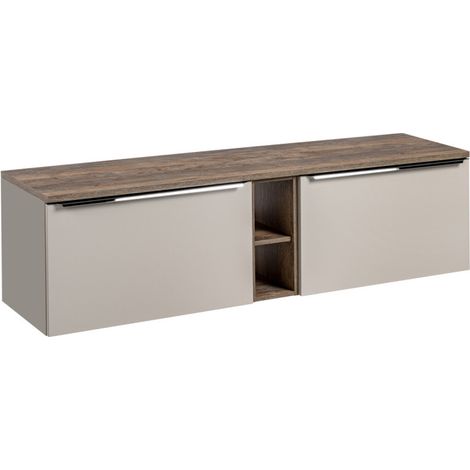 Meuble Double Salle de Bain avec Plateau L 180 cm x P 46 x H 48,5 cm - Taupe et poignées chromées - Rosario - Livraison gratuite