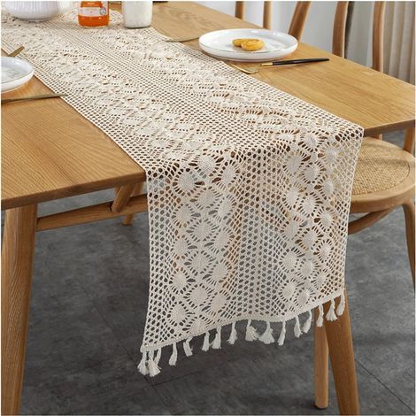 Tischläufer mit Quasten Baumwoll-Jute-Tischläufer Cremefarbener Makramee-Tischläufer Weich und hautfreundlich für weihnachtliche Heimdekoration (Color : A, Size : 30 300CM) (1/5)