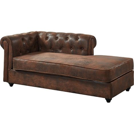 Vente-Unique – Méridienne droite chesterfield en microfibre marron – Aspect cuir vieilli – Garnissage mousse polyuréthane – Dimensions 170x85x73cm (1/4)