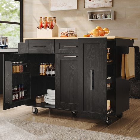 Isla de cocina 110x46x90.5 cm negra en MDF y metal con tablero abatible, almacenaje y ruedas con freno (1/5)