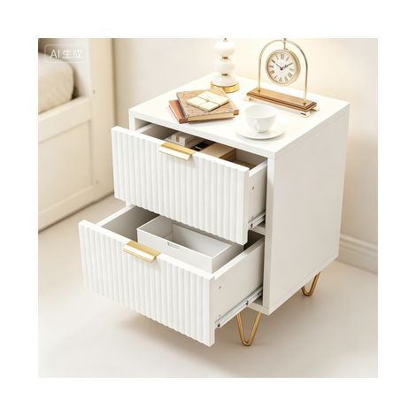 Lot de 2 tables de chevet 2 tiroirs - 40 x 40 x 55 cm - Tables d'appoint pour chambre ou salo - Pieds et accoudoirs dorés - Blanc - Style scandinave (1/5)