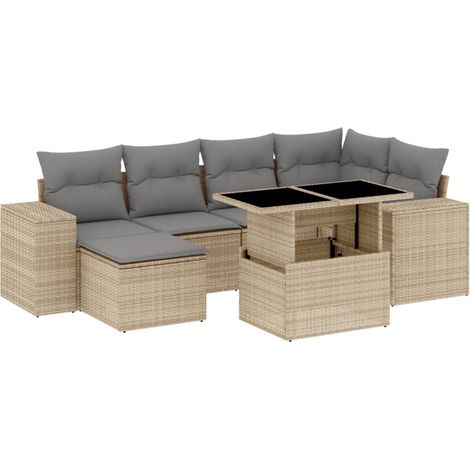 vidaXL Set Divani da Giardino 7 pz con Cuscini Beige in Polyrattan (1/4)