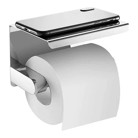 Toilet Paper Holder, Wall Mounted Toilet Paper Holder No Drilling 304 Stainless Steel Toilet Paper Holder with Shelf for Bathroom, Silver (1/4)