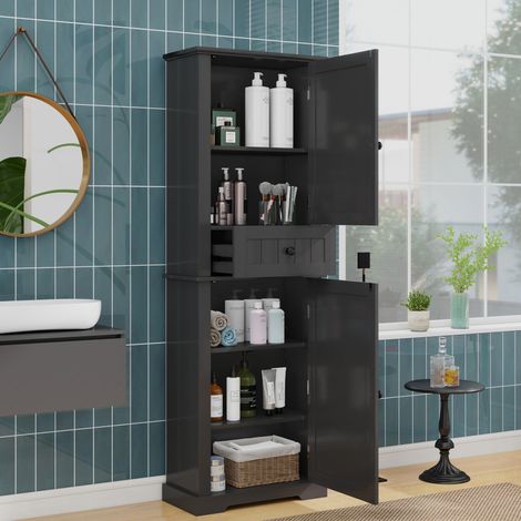Mueble de baño alto moderno de MDF negro 56 x 28 x 167,3 cm con 2 puertas, 1 cajón y estantes ajustables (1/5)