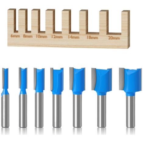 (6 mm/8 mm/10 mm/12 mm/14 mm/18 mm/20 mm)7 pièces Fraises pour Défonceuses a Bois, Fraises Droites à Tige de 8 mm, Outils de Travail du Bois, Fraises à Défoncer en Carbure Double Cannelure (1/4)