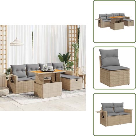 6-tlg. Garten-Sofagarnitur mit Kissen Beige Poly Rattan Akazie - Garten Sofagarnitur - Garten Sofagarnituren - Outdoor Sofagarnitur - Sofagarnitur Terrasse (1/5)