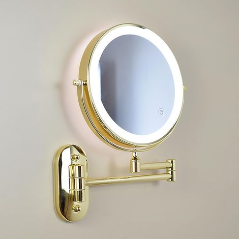 8" Double-Sided Vanity Makeup Mirror Rechargeable Wall Mounted Lighted, Double Sided 1X/10X Magnifying Vanity Mirror, 3 Color Lights Touch Dimmable with 360° Swivel 13 Inch Extendable Arm, Golden (1/7)