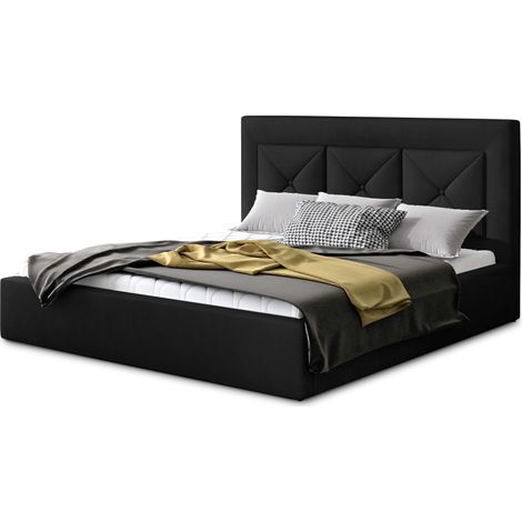 Lit moderne en velours CLARIN - Avec ou sans rangement avec sommier-Noir-180x200-Version avec sommier (1/5)