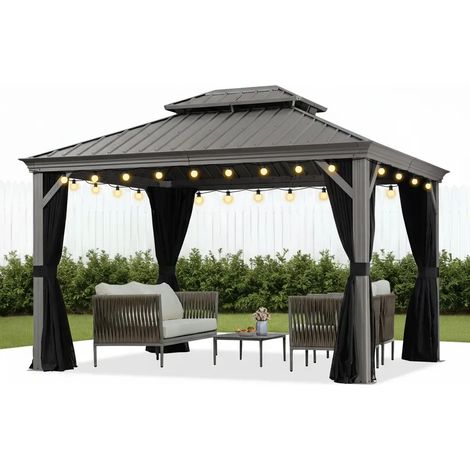 PURPLE LEAF 3,65 x 3 m tonnelle de jardin, pergola aluminium extérieure avec moustiquaire et rideaux, hardtop pavillon double toit en acier galvanisé avec guirlande LED, gris clair (1/5)