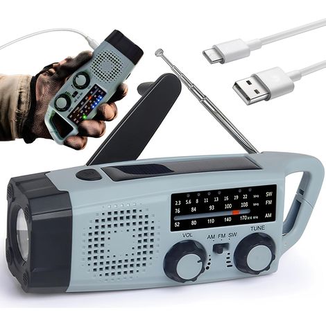 Radio Portable Urgence, Radio a Pile Rechargeable et Lampe Torche LED, Alarme SOS, Power Bank 2000mAh, Recharge par USB/Solaire/Dynamo, Radio AM/FM/SW pour Randonnée, Camping et Kit de Survie (IPX5) (1/5)