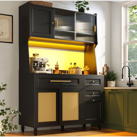 MEUBLIV Buffet haut 120x45x195,5 cm noir – 3 tiroirs, LED et étagères réglables (1/5)