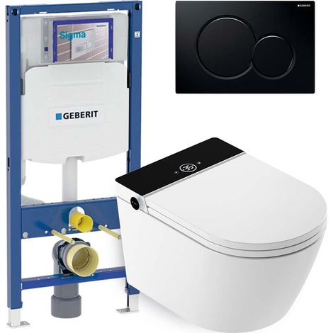 Mizubath - Set WC giapponese sospeso Rada nero - Risciacquo ad acqua - Asciugatura ad aria - Modulo Geberit Duofix 12 cm - Placca comando doppio nero